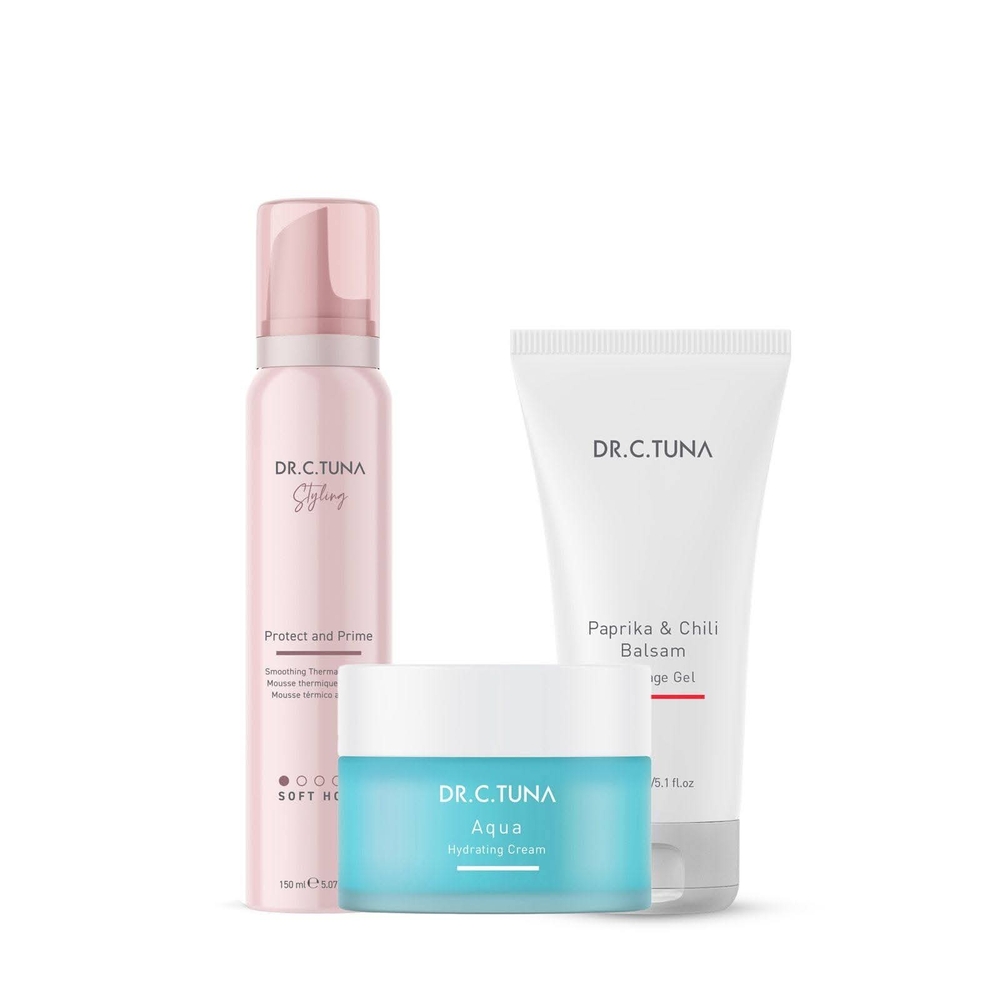 Trio of products for the face, hair and skin Massage
